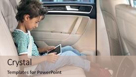  Presentation with car - Amazing PPT theme having playing with tablet in car backdrop and a soft green colored foreground