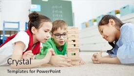  Presentation with children multiethnic - Theme having playing with wooden block background and a lemonade colored foreground