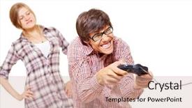  Presentation with video game - Colorful slides enhanced with playstation - angry girl catches her boyfriend backdrop and a soft green colored foreground