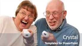  Presentation with controls - Slides enhanced with playstation - happy senior couple play video background and a ocean colored foreground