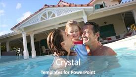  Presentation with pool restaurant family - Theme with playtime - family playing in swimming pool background and a teal colored foreground