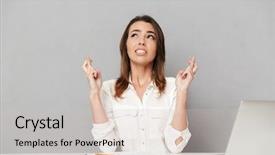  Presentation with young business woman smile show - Amazing slide set having plead - portrait of a worried young backdrop and a light gray colored foreground