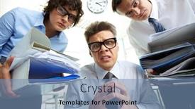  Presentation with accountant - Presentation consisting of pleading accountant looking at camera being surrounded by his partners holding huge piles of documents background and a teal colored foreground