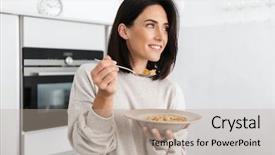  Presentation with corn flakes - PPT layouts consisting of pleasant - image of adult woman 30s background and a mint green colored foreground