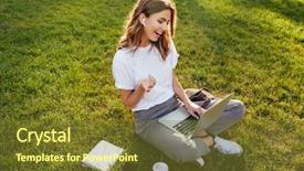  Presentation with laptop wireless - Colorful PPT theme enhanced with pleasant - portrait of sociable young woman backdrop and a tawny brown colored foreground