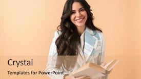  Presentation with beige book - PPT theme consisting of pleasant person - beautiful brunette woman dressed background and a coral colored foreground