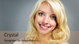  Presentation with grey - Audience pleasing PPT layouts consisting of pleasant person - portrait of smiling young blonde backdrop and a  colored foreground