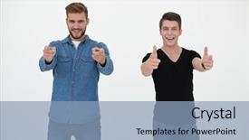  Presentation with people - Colorful slide deck enhanced with pleasant person - young people standing and showing backdrop and a light blue colored foreground