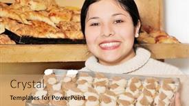 Presentation with sweets - Amazing slides having pleasant-saleswoman-with-sweets backdrop and a  colored foreground