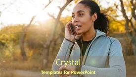  Presentation with smartwatch - Beautiful PPT theme featuring pleased-african-american-sportswoman-talking backdrop and a tawny brown colored foreground