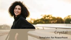  Presentation with railing - PPT theme having pleased-athletic-sportswoman-smiling background and a coral colored foreground