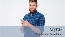  Presentation with gray - Theme having pleased bearded man in checkered background and a light blue colored foreground