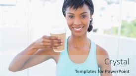  Presentation with beverage - Presentation design consisting of pleased black haired woman holding a beverage in a living room background and a sky blue colored foreground