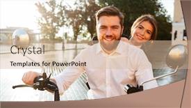  Presentation with rides - Audience pleasing PPT theme consisting of pleased business couple rides on modern motorbike outdoors and looking at the camera backdrop and a soft green colored foreground