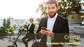  Presentation with motorbike - PPT layouts enhanced with pleased business man posing outdoors using smartphone with woman in suit sitting on modern motorbike on background background and a tawny brown colored foreground