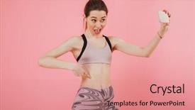  Presentation with ethical desicion making and ethical leadership - Cool new presentation theme with pleased confident sportswoman making selfie backdrop and a coral colored foreground