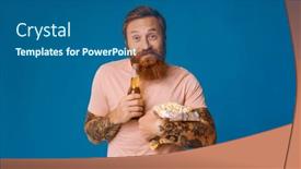  Presentation with popcorn - PPT theme having pleased-ginger-bearded-man-holding background and a ocean colored foreground