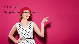  Presentation with hip - Colorful slides enhanced with pleased ginger woman in dress with arm on hip pointing at copyspace and looking at the camera over pink background backdrop and a red colored foreground