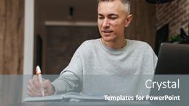  Presentation with writing notes - PPT layouts consisting of pleased-grey-man-writing-down background and a gray colored foreground