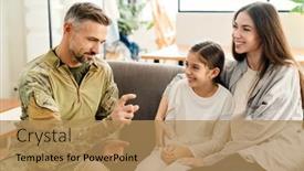  Presentation with military family - PPT layouts enhanced with pleased-masculine-military-man-gesturing background and a coral colored foreground