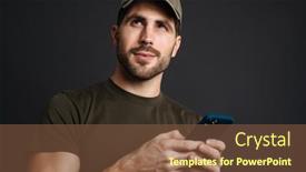  Presentation with masculine - Cool new PPT theme with pleased-masculine-military-man-using backdrop and a tawny brown colored foreground