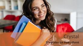  Presentation with exercise - Presentation design having pleased-nice-woman-smiling background and a gold colored foreground