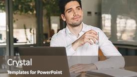  Presentation with water glass - Colorful PPT layouts enhanced with pleased office guy 30s wear backdrop and a tawny brown colored foreground