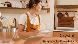  Presentation with pastry chef - PPT theme enhanced with pleased-pastry-chef-woman-writing background and a coral colored foreground