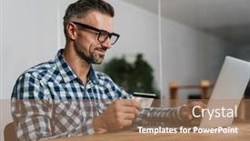  Presentation with credit card - PPT layouts having pleased-unshaven-man-using-credit background and a coral colored foreground