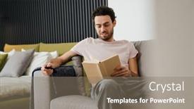  Presentation with remote - PPT theme consisting of pleased-unshaven-man-using-remote background and a gray colored foreground