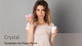  Presentation with looking glass - Amazing slide set having pleased woman in t-shirt eating donut while holding glass of milk and looking at the camera over grey background backdrop and a mint green colored foreground