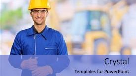  Presentation with engineering engineer or safety officer - PPT layouts enhanced with pliers - portrait of engineer holding plier background and a light blue colored foreground