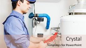  Presentation with plumber - Theme consisting of plimbing fittings - plumber repairing an hot-water heater background and a lemonade colored foreground