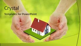  Presentation with house - Audience pleasing slides consisting of plot - hands brings small house outdoor backdrop and a yellow colored foreground