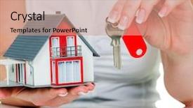  Presentation with house key - PPT layouts enhanced with plot land - broker for real estate background and a coral colored foreground