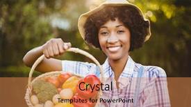  Presentation with vegetables - PPT theme having plot land - smiling woman showing a basket background and a coral colored foreground