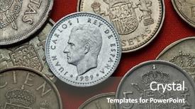  Presentation with formula one car - Presentation theme having plta - coins of spain king juan background and a gray colored foreground