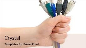  Presentation with cables - Slides enhanced with plugspower - computer cables in hand isolated background and a  colored foreground