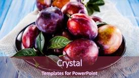  Presentation with dark vintage wood table texture - Slide deck with plum color - plims on wooden table background and a  colored foreground