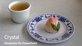  Presentation with tea cake - Slide set having plum in a chineese resturant background and a gray colored foreground