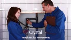  Presentation with pipes - Presentation featuring plumber and his apprentice examining the pipes background and a navy blue colored foreground