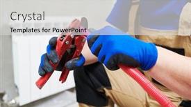 Presentation with plumber - PPT layouts having plumber at work installing water heating radiator background and a light gray colored foreground