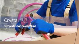  Presentation with plumber - Amazing PPT theme having plumber at work installing water heating radiator backdrop and a ocean colored foreground