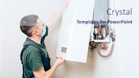  Presentation with plumber - Beautiful presentation design featuring plumber-attaches-trying-to-fix backdrop and a sky blue colored foreground