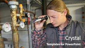  Presentation with plumber - Audience pleasing presentation design consisting of plumber controling water quality backdrop and a dark gray colored foreground