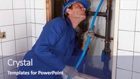  Presentation with pipe leakage - Beautiful slides featuring plumber feeding blue pipe behind backdrop and a ocean colored foreground