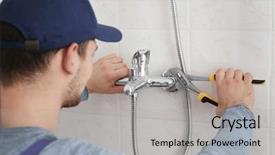  Presentation with plumber - Slide set with plumber fixing faucet in bathroom background and a light gray colored foreground