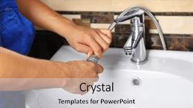  Presentation with flexible - Audience pleasing PPT theme consisting of plumber fixing water flexible hose in bathroom backdrop and a light gray colored foreground