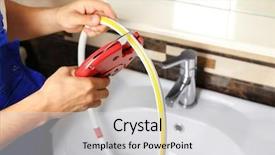  Presentation with flexible - PPT theme enhanced with plumber fixing water flexible hose in bathroom background and a light gray colored foreground