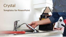  Presentation with water tap - Theme featuring plumber hands and water tap background and a sky blue colored foreground